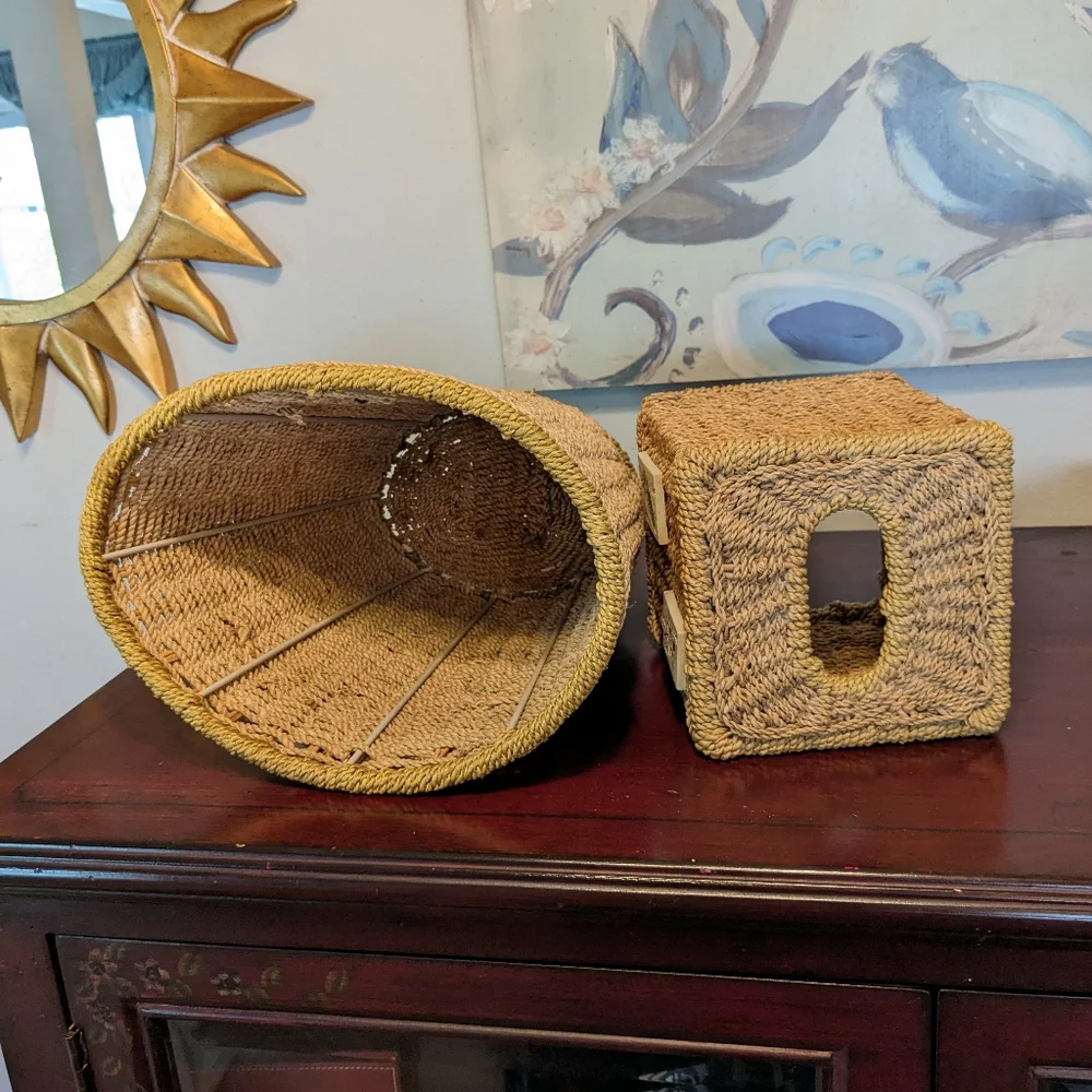 Woven Wicker Trash Can & Tall Tissue Box Cover Bohemian EUC Floral Tiles 2 Pcs